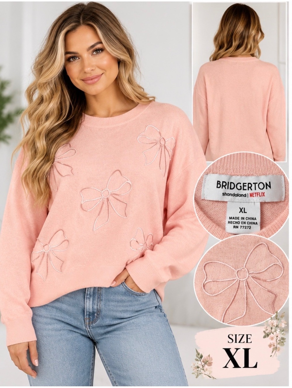 Bridgerton x Netflix pink bow sweater XL